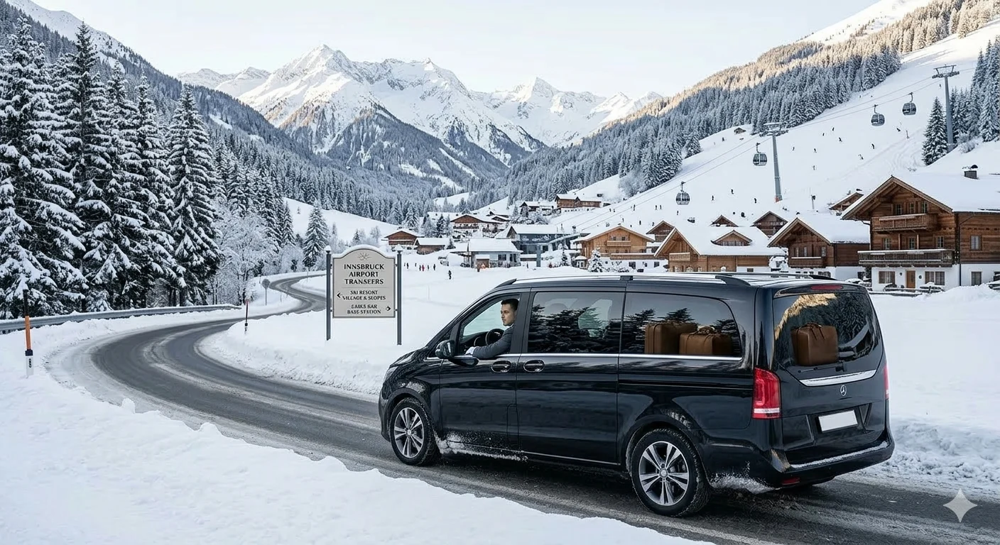 Best airport transfers Innsbruck ski resorts luxury vehicle in snow mountains